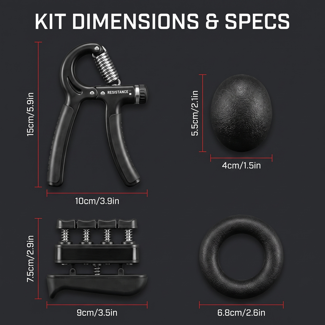 Adjustable Finger and Forearm Strengthener Grip Strength Training Kit Hand Exerciser Rehabilitation Finger Trainer for Home Gym - kit dimensions and specs