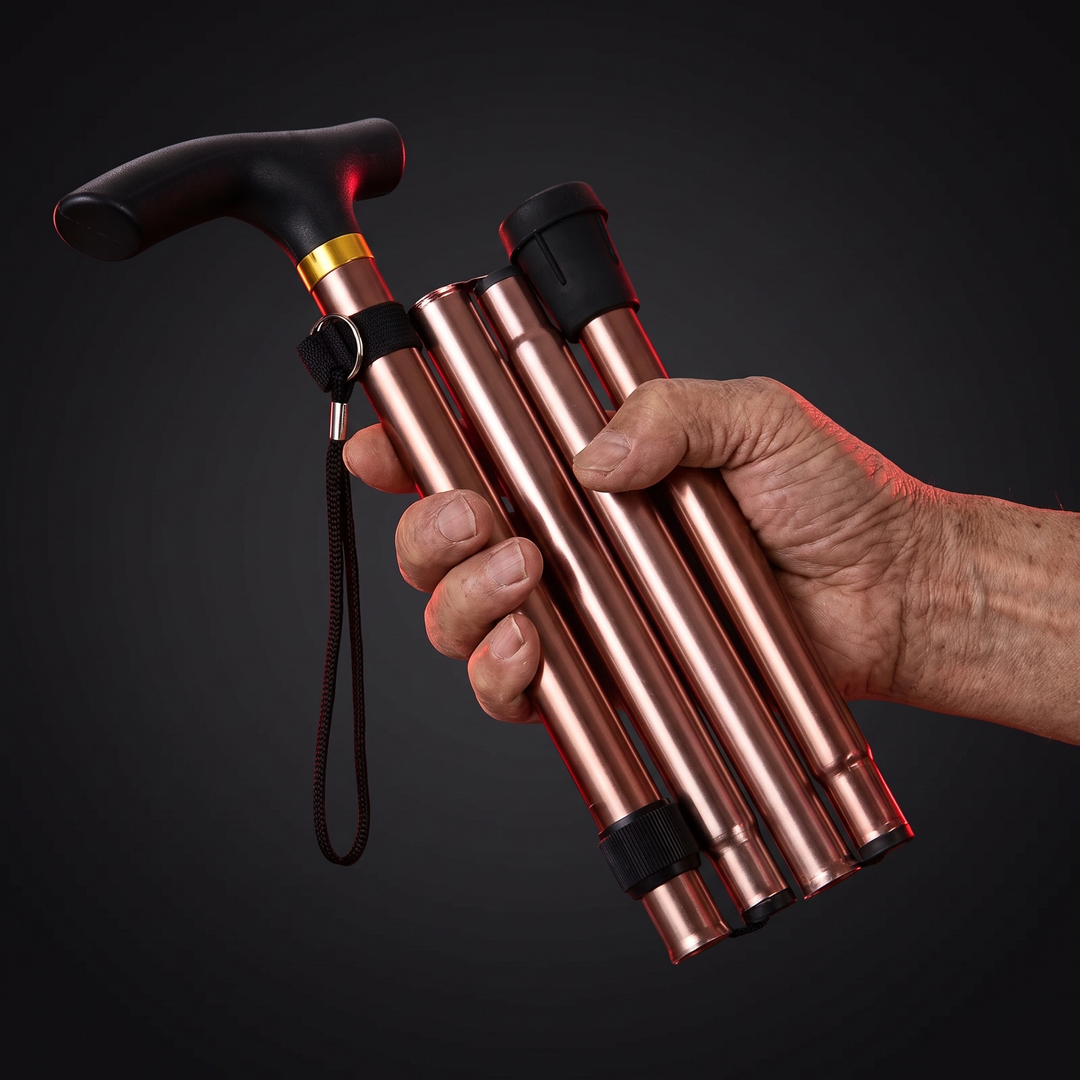 Adjustable Folding Walking Cane - Rose Gold, Folded in Hand