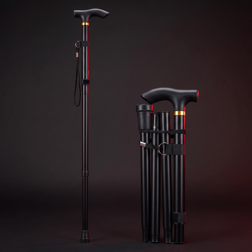 Adjustable Folding Walking Cane - Black, Extended and Folded