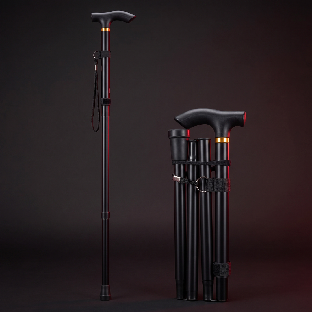 Adjustable Folding Walking Cane - Black, Extended and Folded