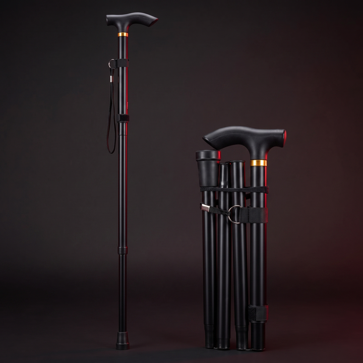Adjustable Folding Walking Cane - Black, Extended and Folded