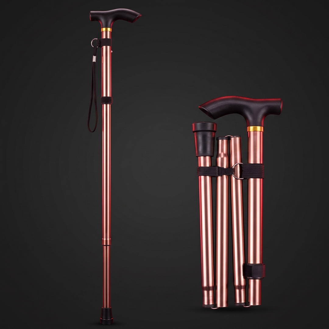 Adjustable Folding Walking Cane - Rose Gold/Coffee, Extended and Folded