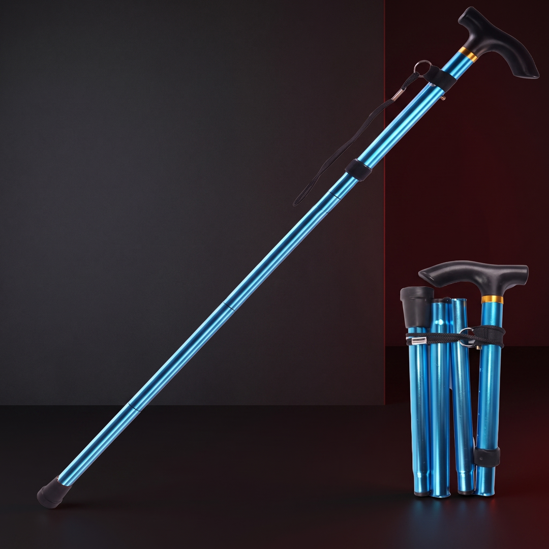 Adjustable Folding Walking Cane - Blue, Extended and Folded