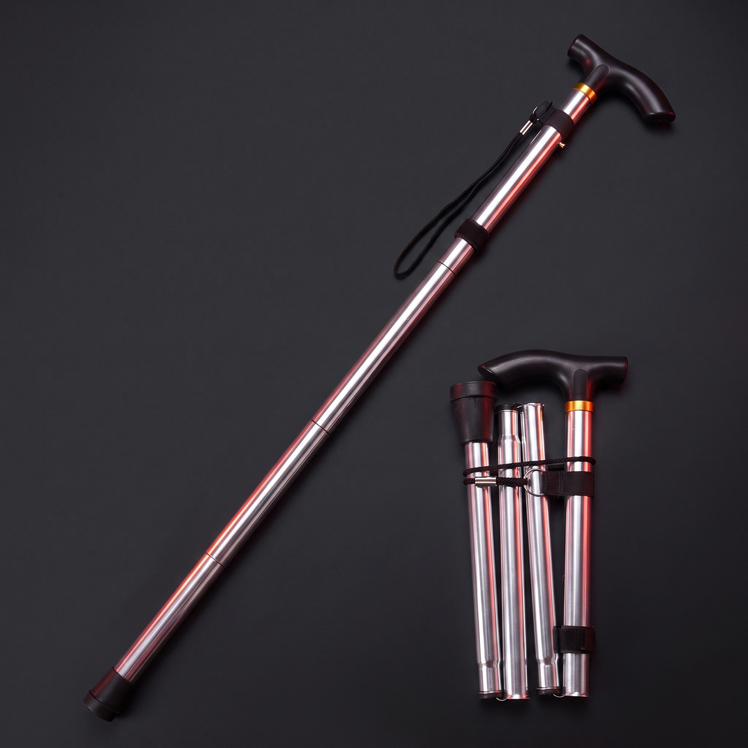 Adjustable Folding Walking Cane - Silver, Extended and Folded