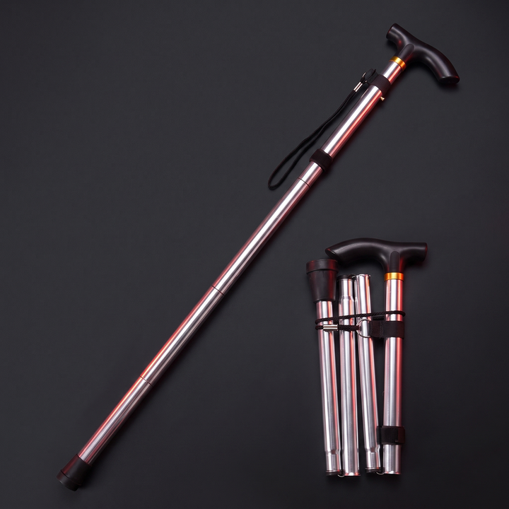 Adjustable Folding Walking Cane - Silver, Extended and Folded