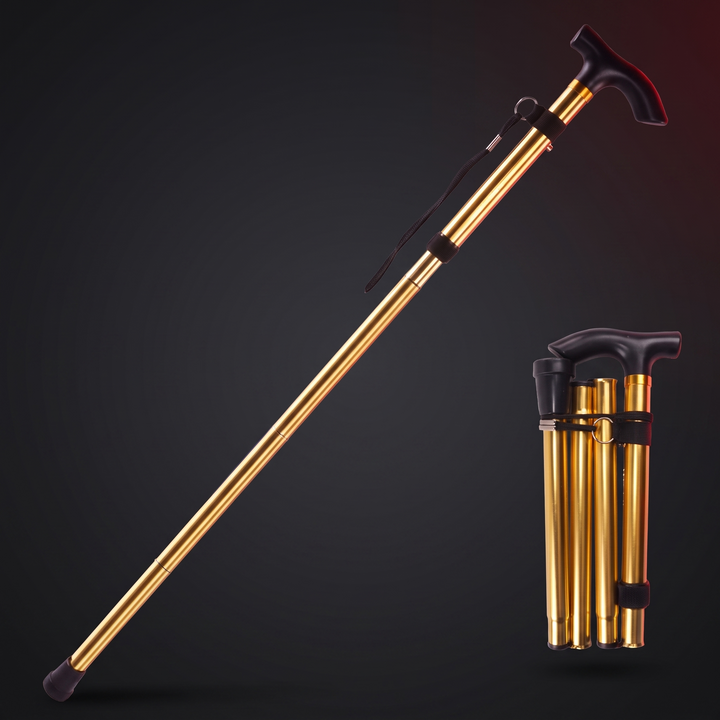 Adjustable Folding Walking Cane - Gold, Extended and Folded