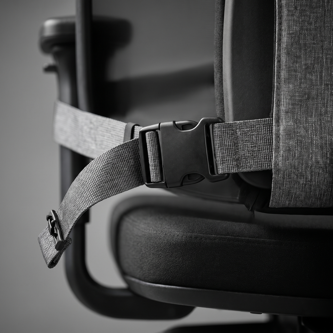 Close-up of adjustable strap attachment on lumbar cushion