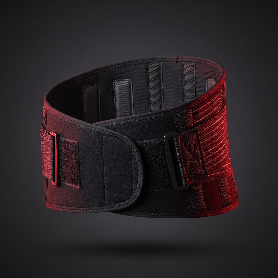 Black adjustable lumbar support belt - back view showing strap adjustment system