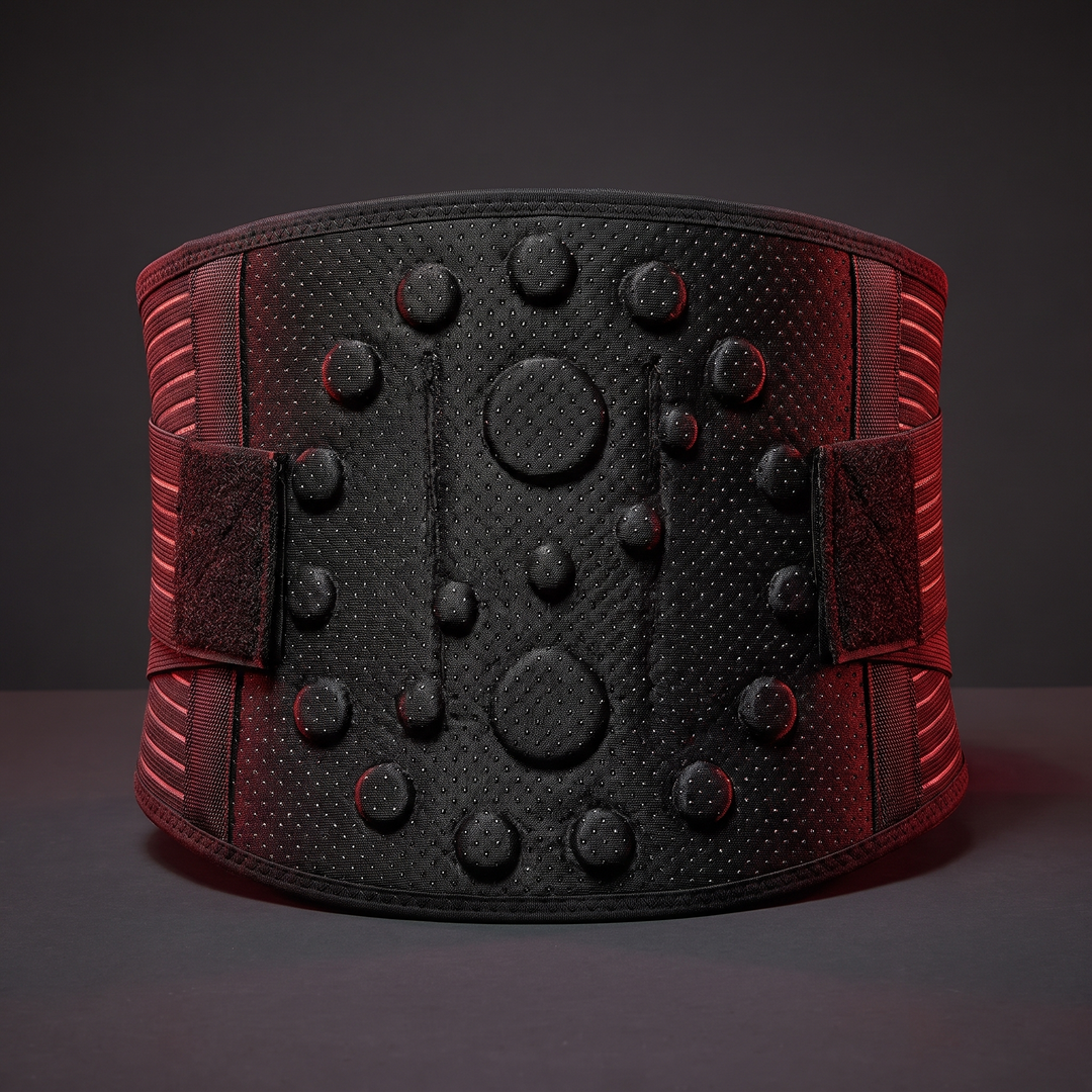 Black adjustable lumbar support belt - front view showing adjustable strap and front panel