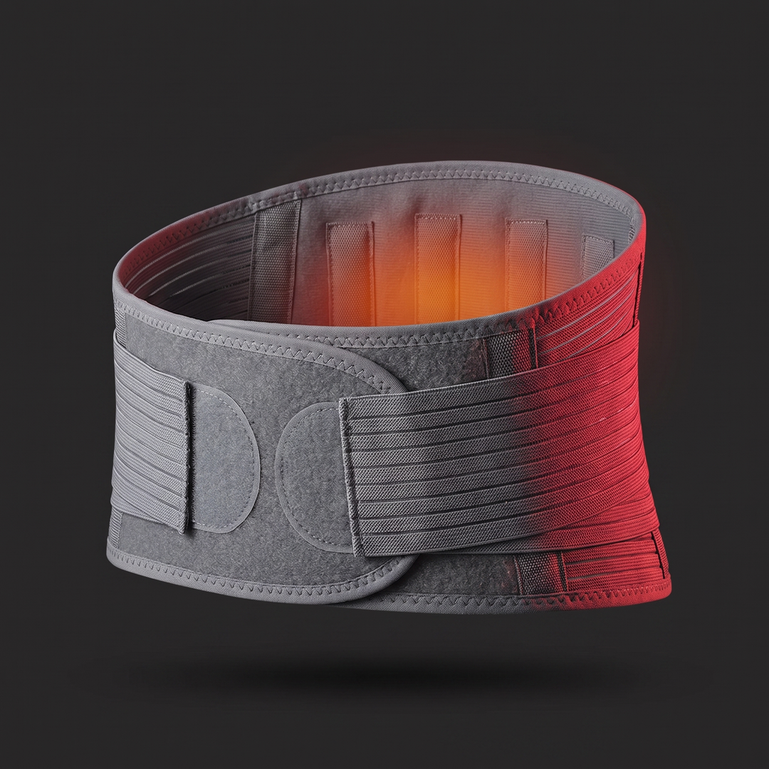Gray adjustable lumbar support belt - back view showing strap adjustment system