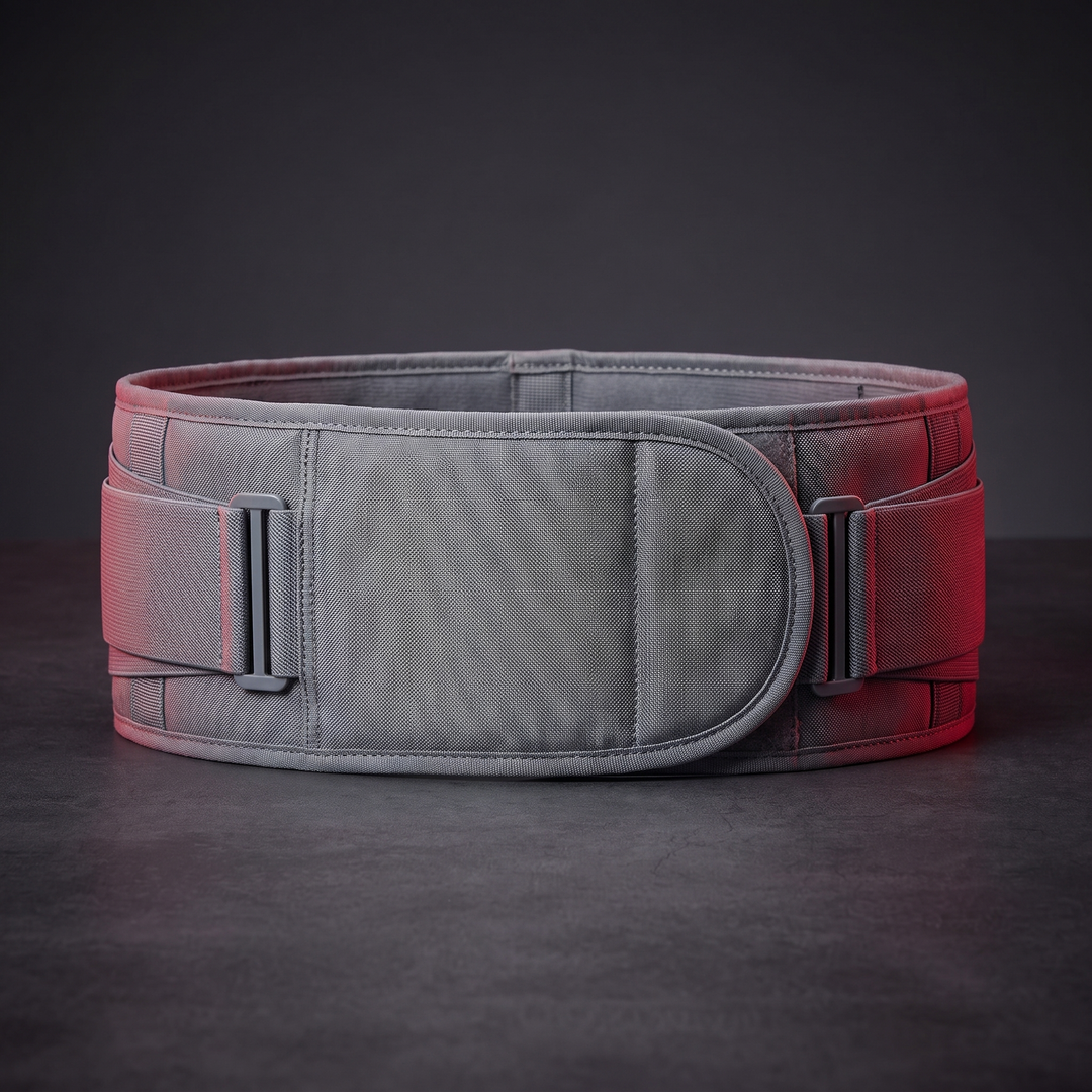 Gray adjustable lumbar support belt - front view showing adjustable strap and front panel