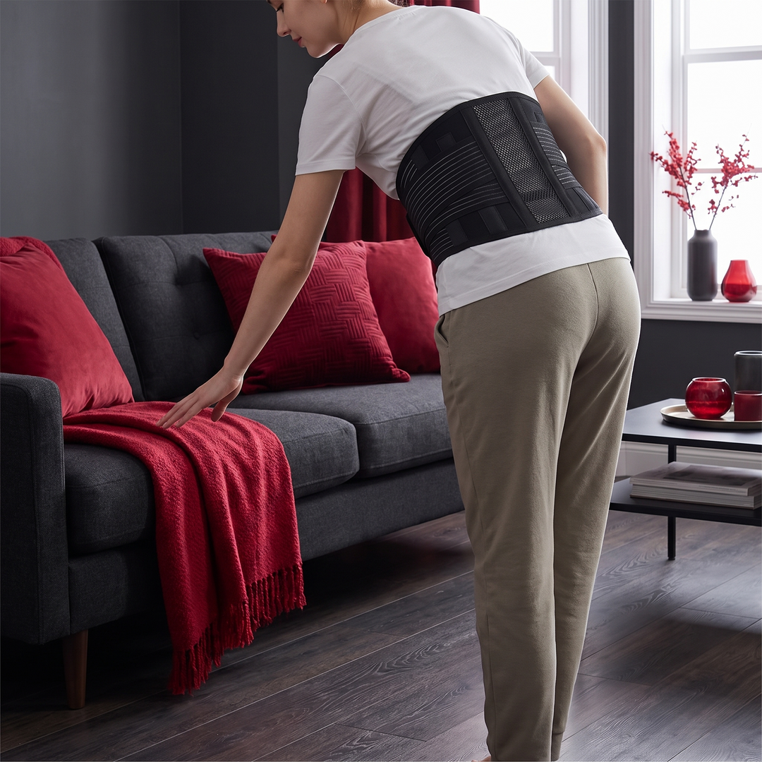 Lifestyle photo - wearing lumbar support belt during light home activity
