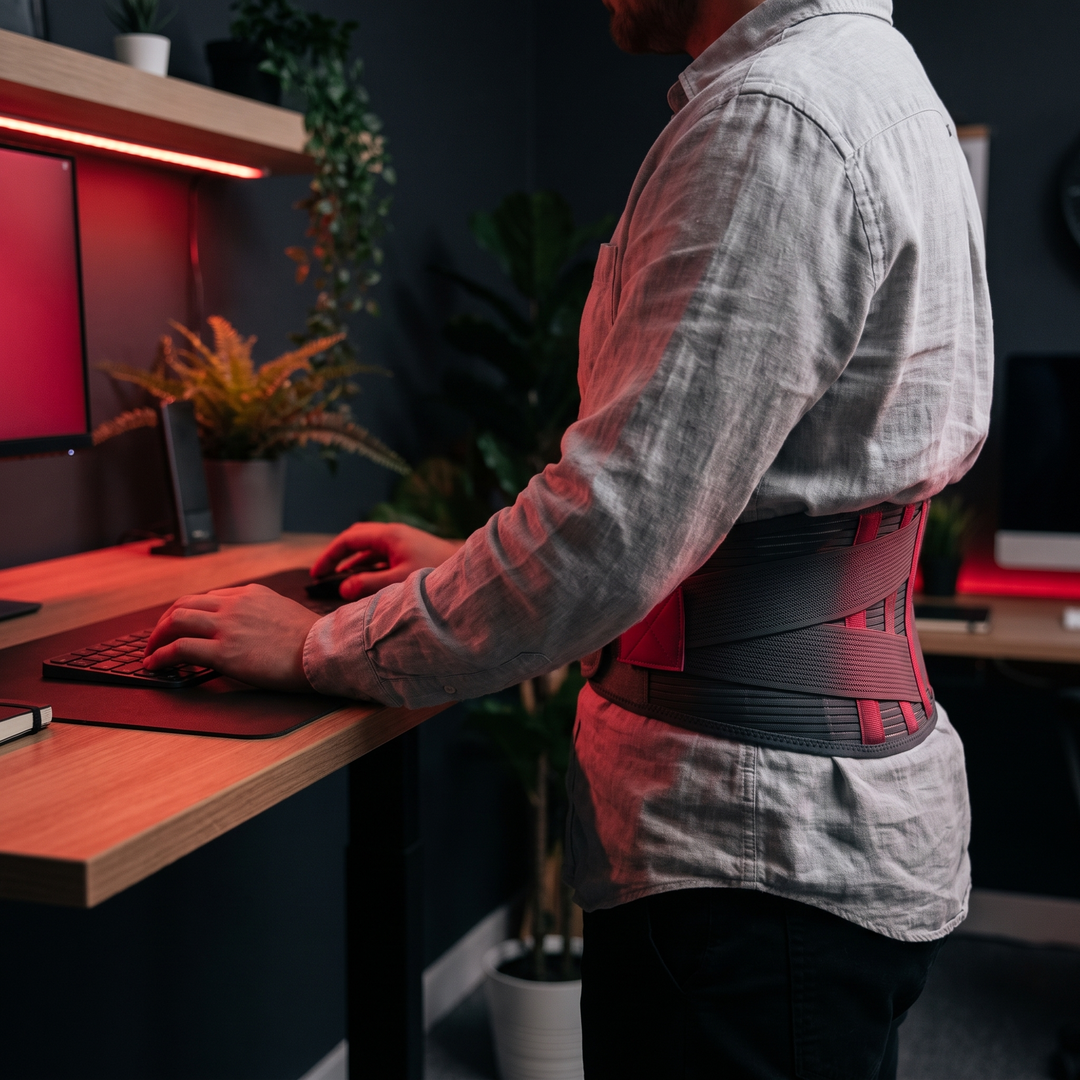 Lifestyle photo - wearing lumbar support belt at office standing desk