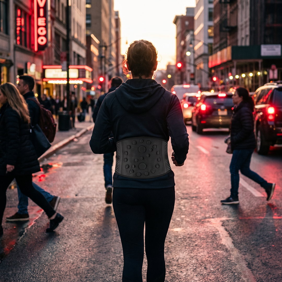 Lifestyle photo - wearing lumbar support belt during outdoor walk