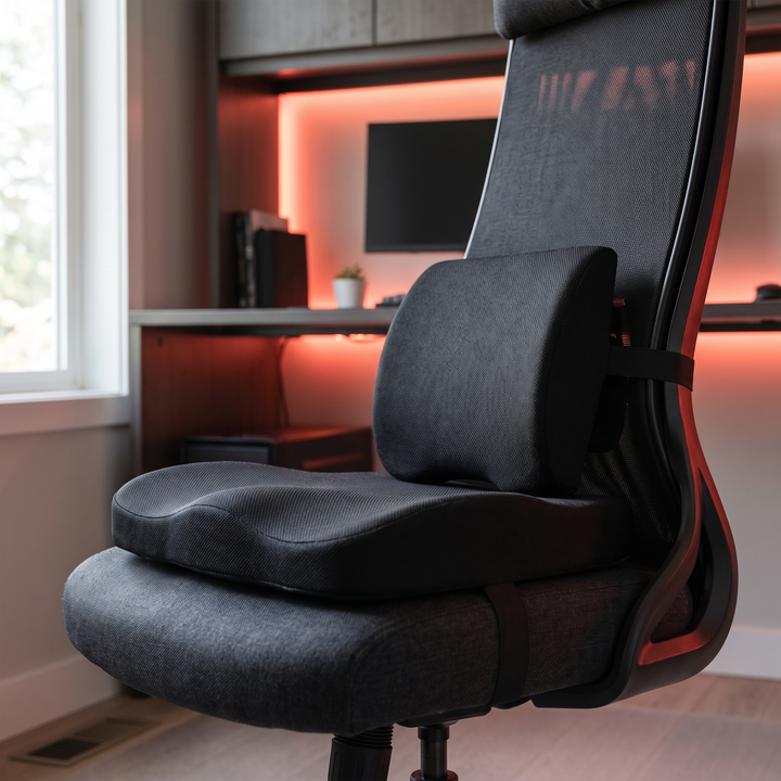 Close-up of black seat and lumbar cushion set on a home office chair with accent lighting