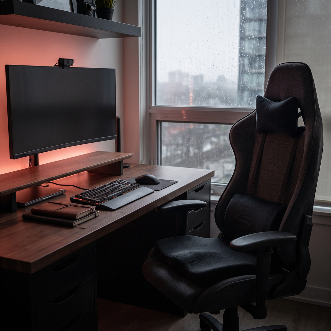 Black memory foam seat and lumbar cushion set on a home office chair
