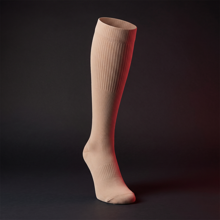 Beige graduated compression calf sock, front view