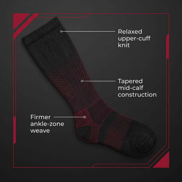Graduated compression sock fabric construction zones - ankle, mid-calf, and cuff weave