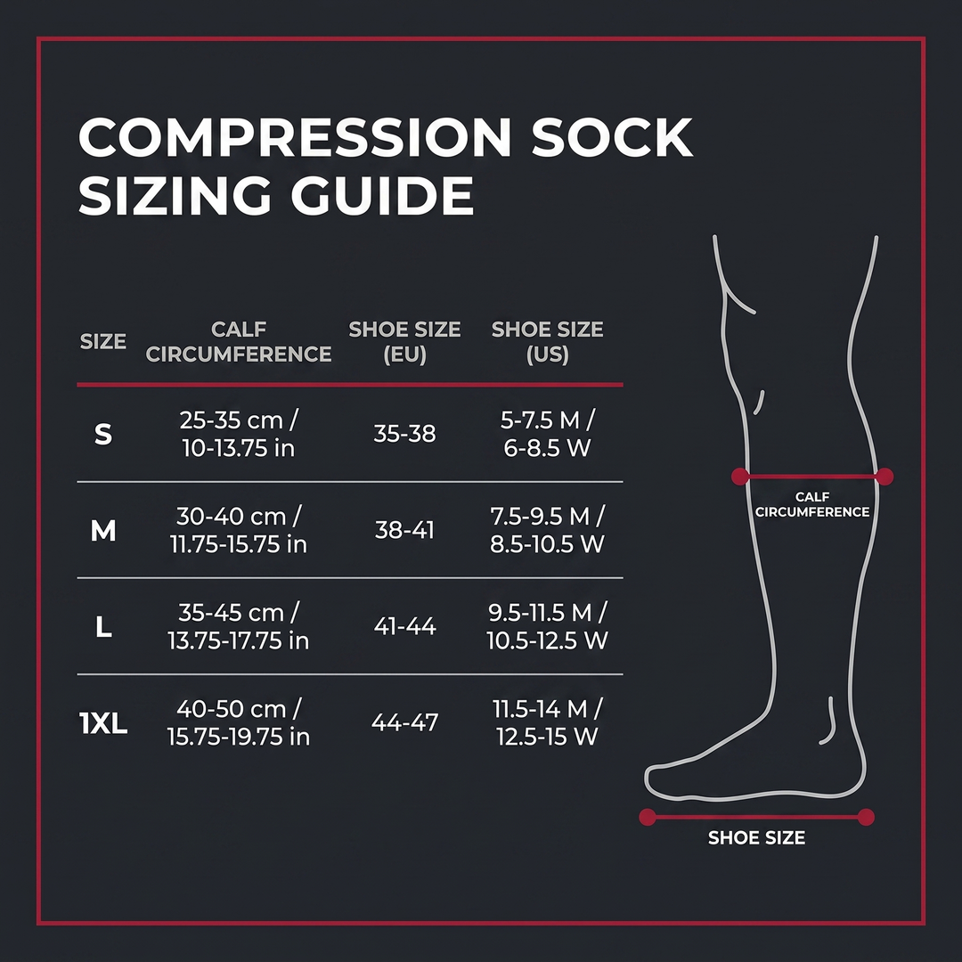 Compression sock sizing guide by calf circumference and shoe size
