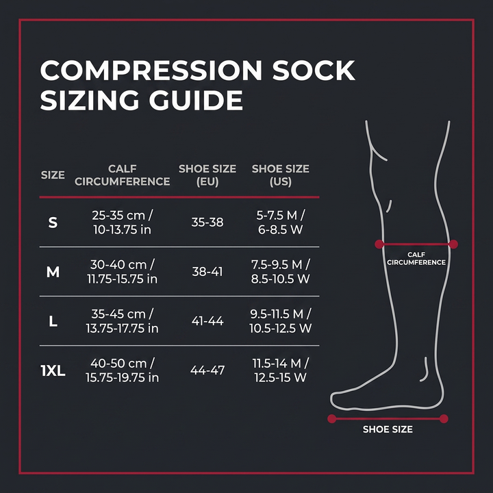 Compression sock sizing guide by calf circumference and shoe size
