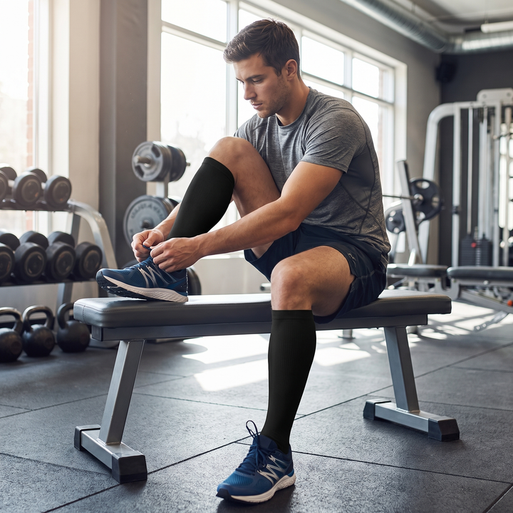 Athlete wearing graduated compression socks at the gym