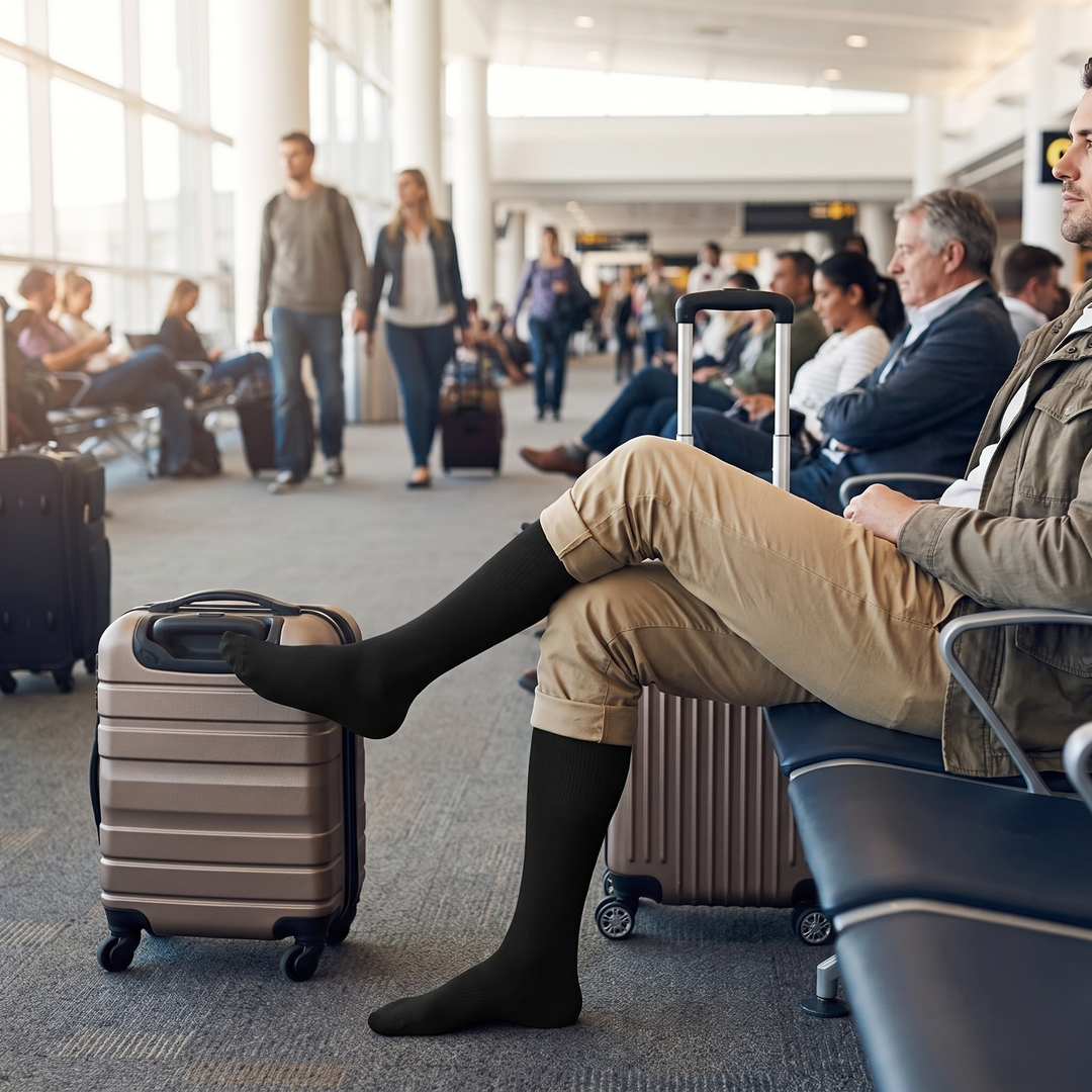 Traveler wearing graduated compression socks during travel