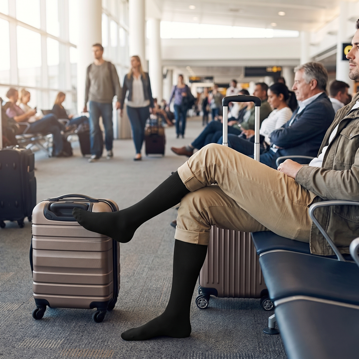 Traveler wearing graduated compression socks during travel