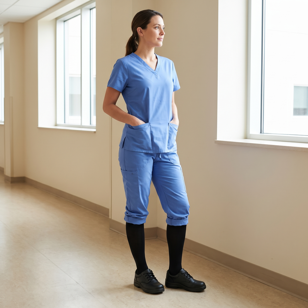 Nursing professional wearing graduated compression socks during a long shift