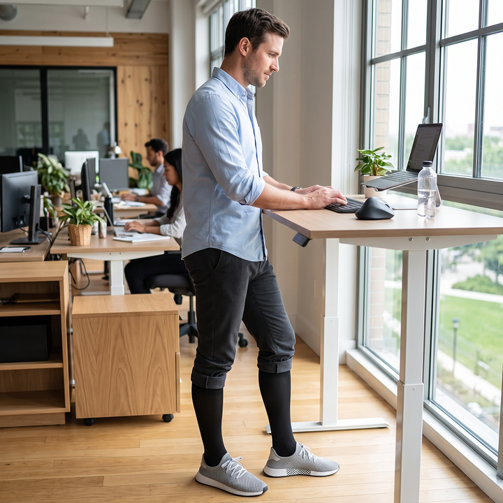 Office worker wearing graduated compression socks at a standing desk