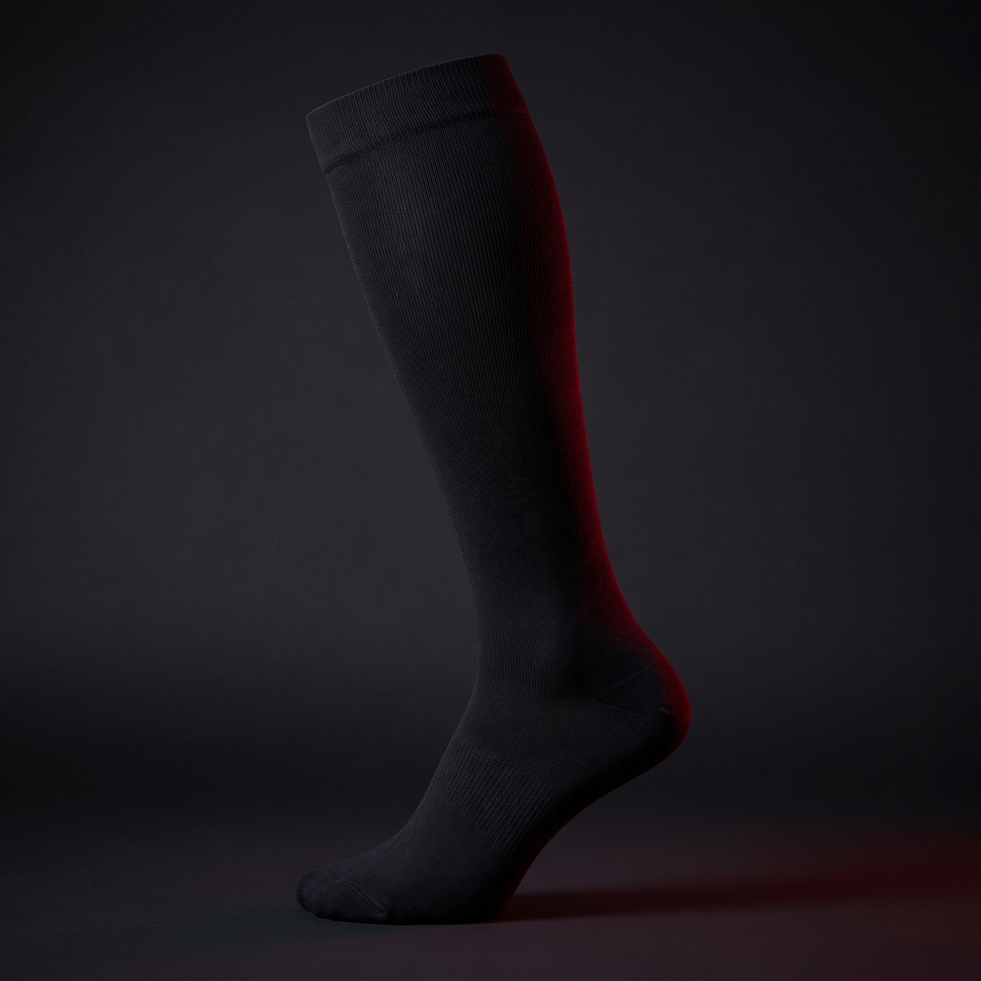 Full-length side profile of black graduated compression sock