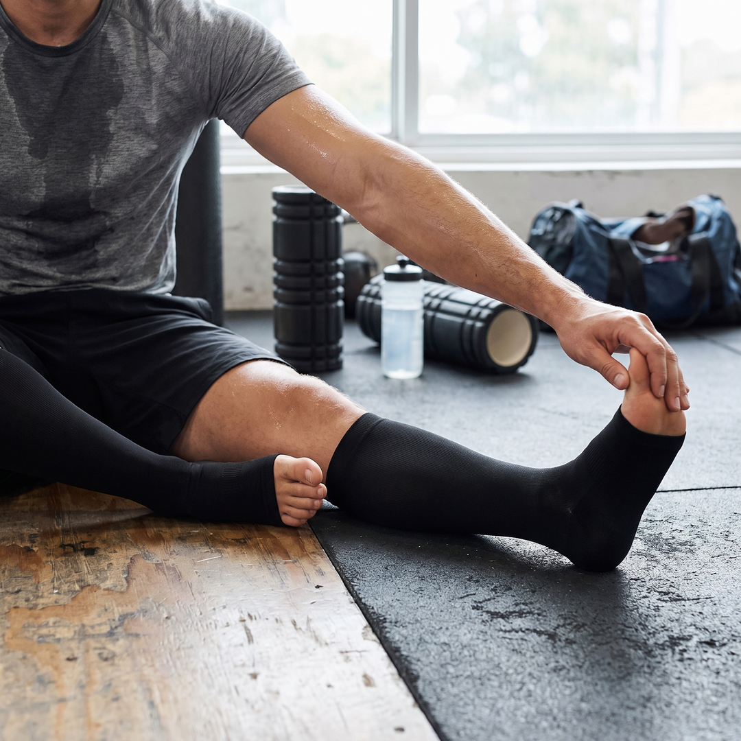 Athlete stretching post-workout while wearing compression socks