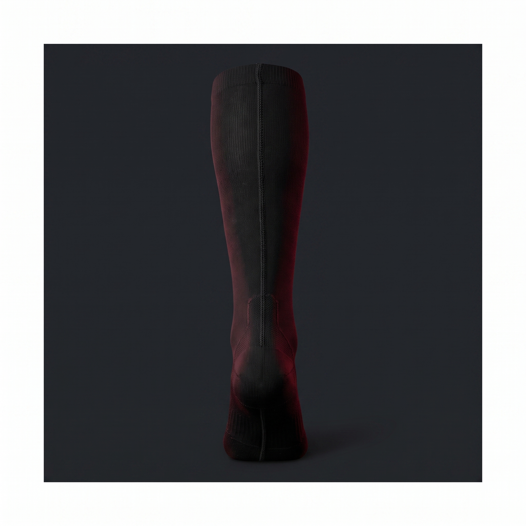 Back view detail of black compression sock seam and heel construction