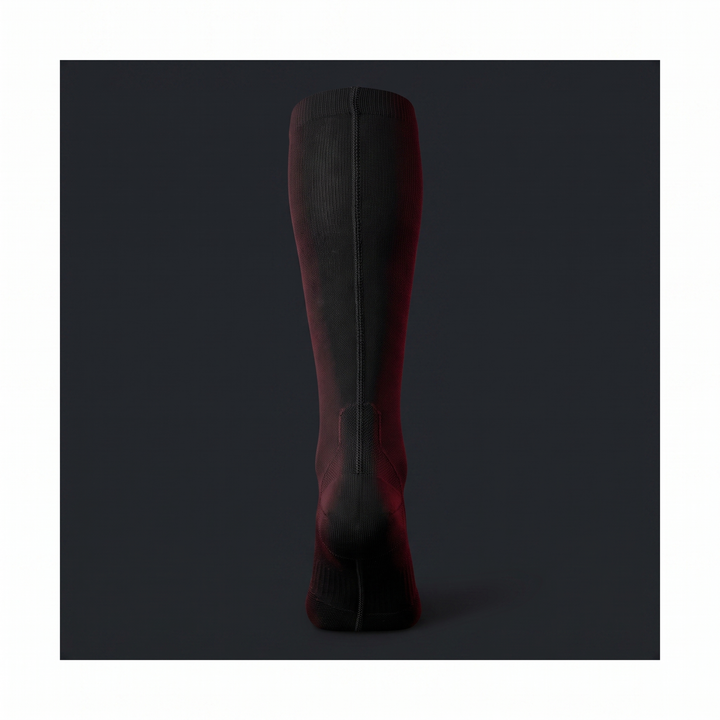 Back view detail of black compression sock seam and heel construction