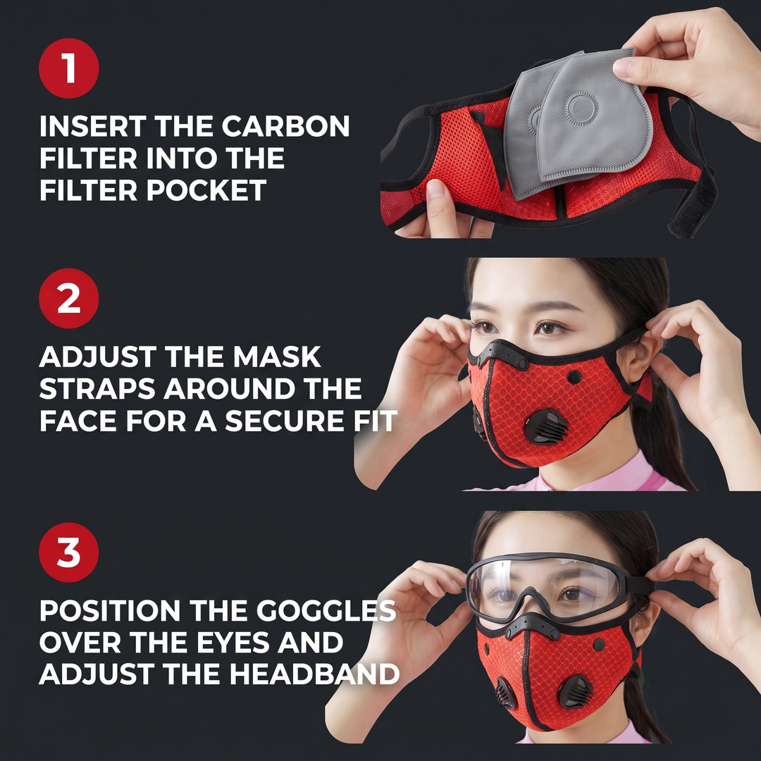 Cycling Face Mask with Activated Carbon Filter and Goggles Windproof Dustproof Sport Mask Washable Reusable Bandana for Men Women Outdoor Exercise