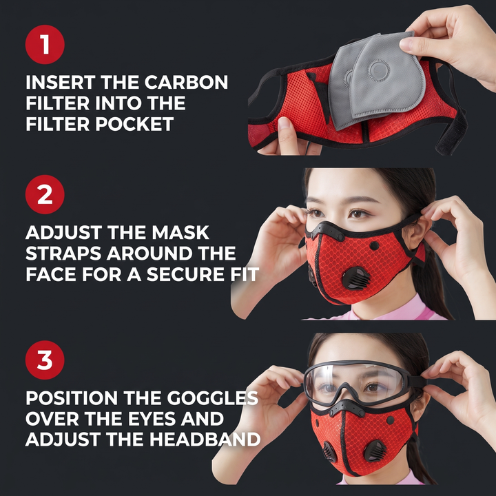 Cycling Face Mask with Activated Carbon Filter and Goggles Windproof Dustproof Sport Mask Washable Reusable Bandana for Men Women Outdoor Exercise