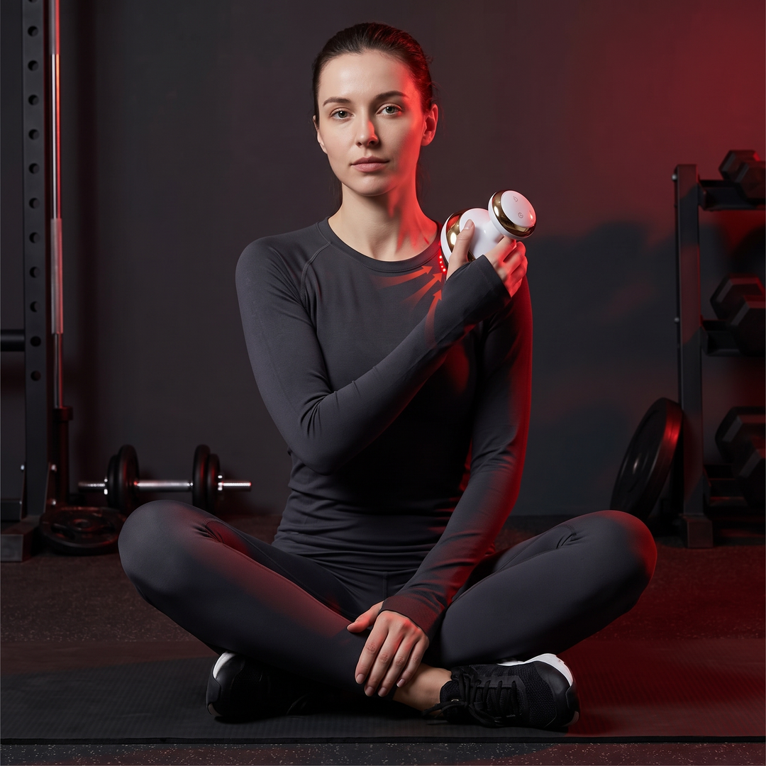 Athlete using the electric cupping massage device on the shoulder for post-workout recovery