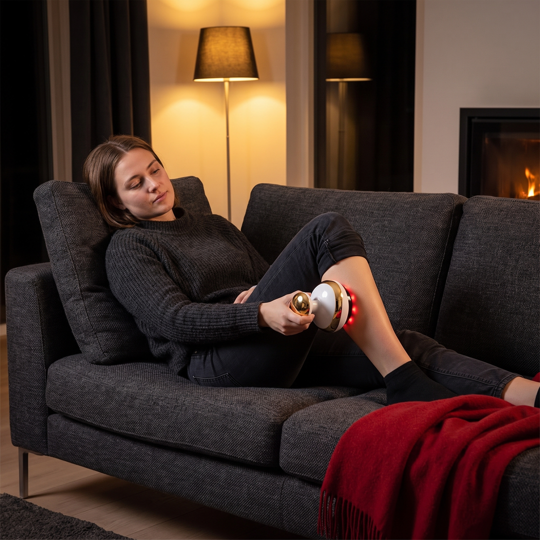 Person using the electric cupping massage device on the calf while relaxing at home