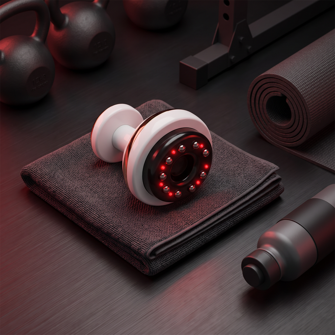 Electric cupping massage device with gym towel and yoga mat in a home gym