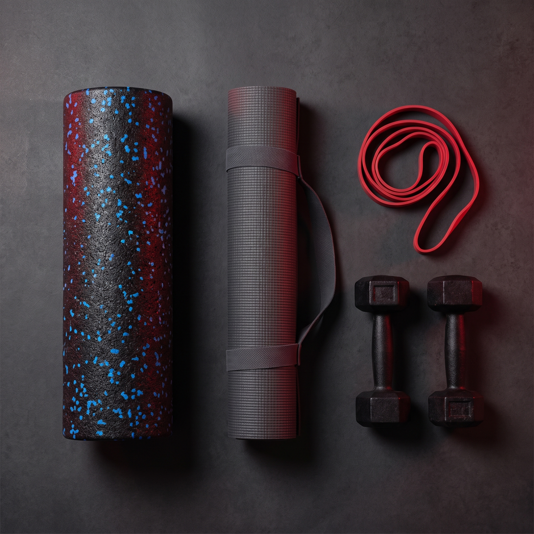 EPP Foam Roller - Flat Lay with Yoga Mat, Bands and Dumbbells