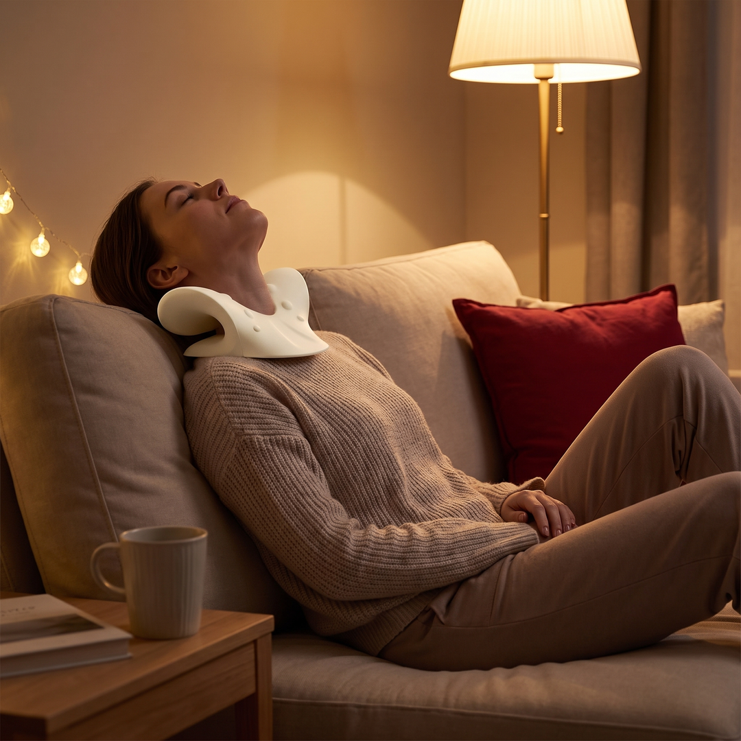 Ergonomic Cervical Neck Stretcher Pillow used for evening couch relaxation