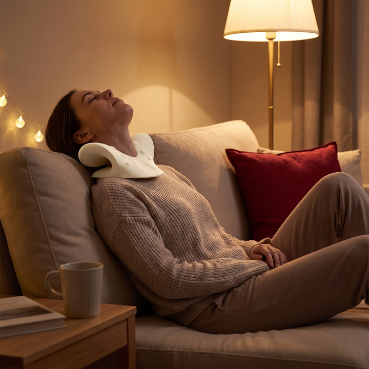 Ergonomic Cervical Neck Stretcher Pillow used for evening couch relaxation