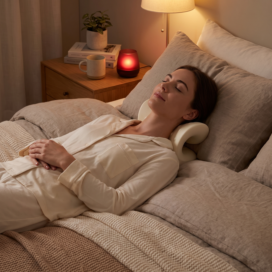 Ergonomic Cervical Neck Stretcher Pillow used as part of a calming bedtime routine