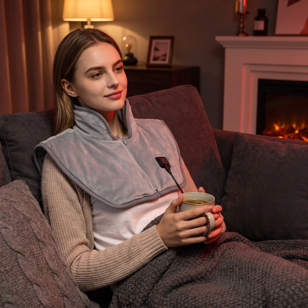 Heated Shoulder Neck Wrap - relaxing at home in the evening