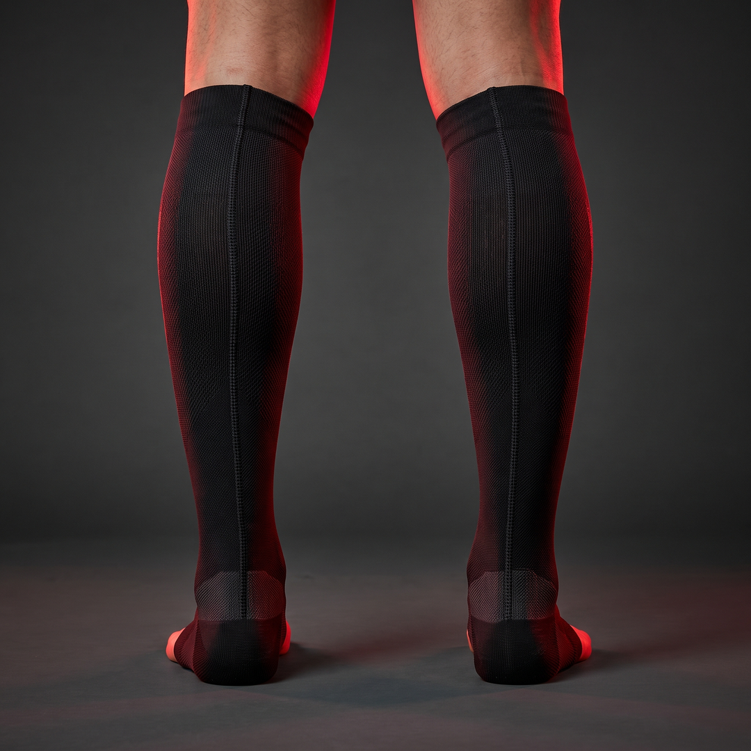 Ergonomic Calf Compression Sleeves Men Women Leg Compression Sleeve Footless Support Socks Pair - Back View Seam Detail