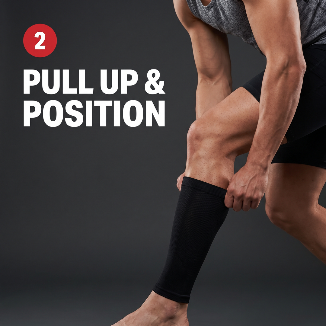 Ergonomic Calf Compression Sleeves Men Women Leg Compression Sleeve Footless Support Socks Pair - How to Wear Step 2 Pull Up and Position