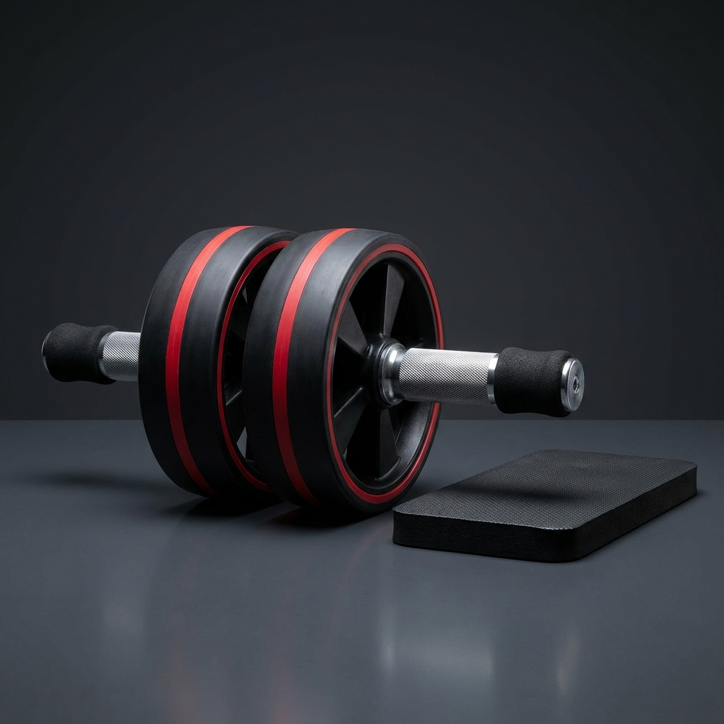 Dual-wheel ab roller with knee pad, black with red stripe - PhysioAthletX
