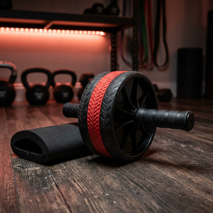 Ab roller on dark wooden floor - lifestyle
