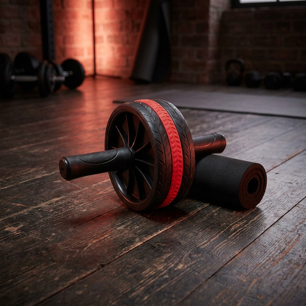 Ab roller with knee pad in dark home gym - lifestyle