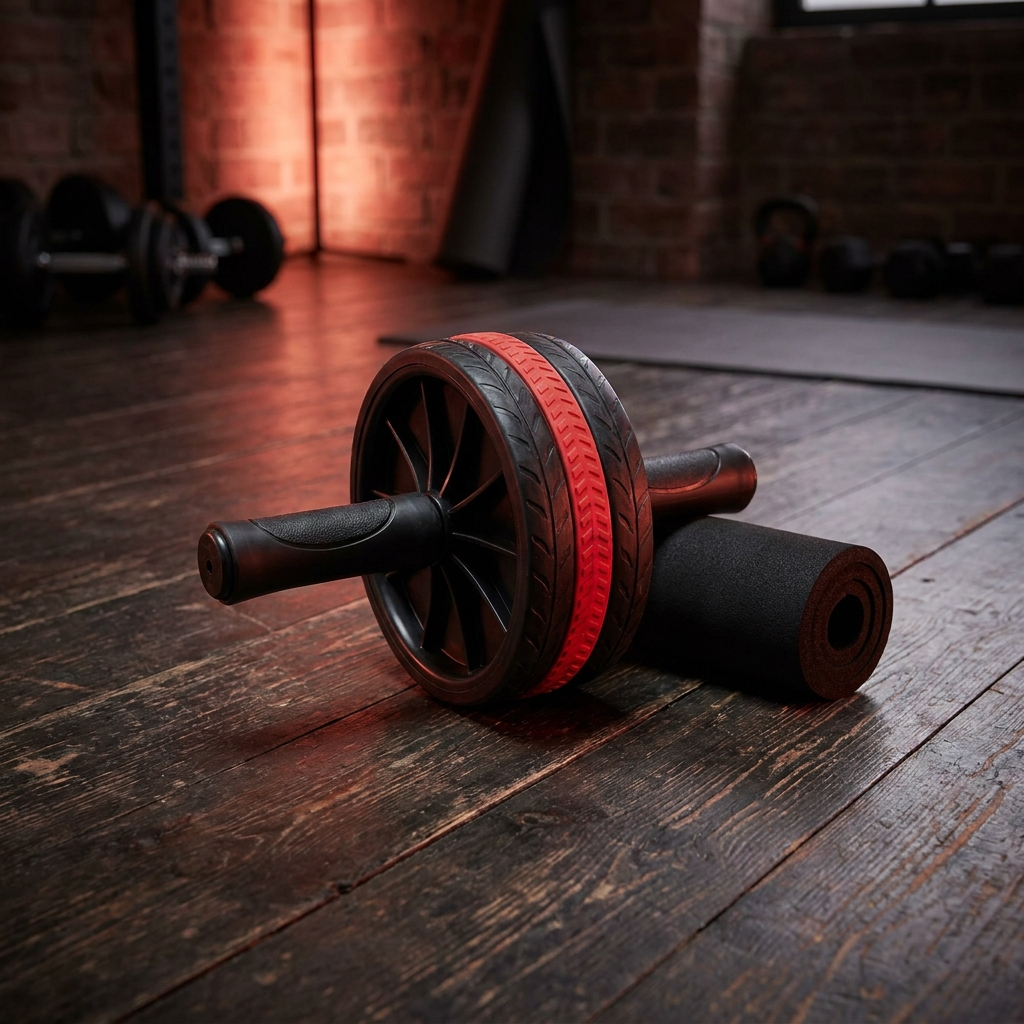 Ab roller with knee pad in dark home gym - lifestyle