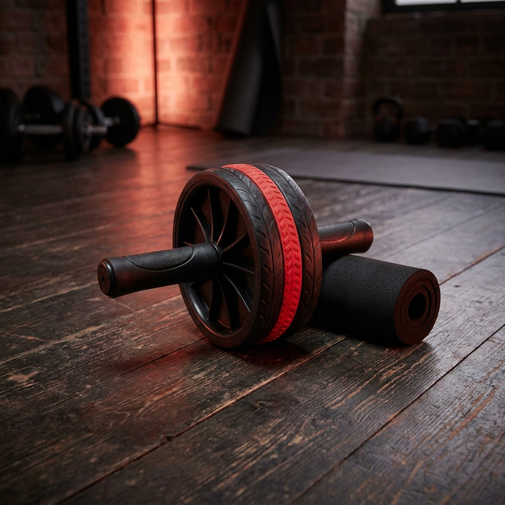 Ab roller with knee pad in dark home gym - lifestyle